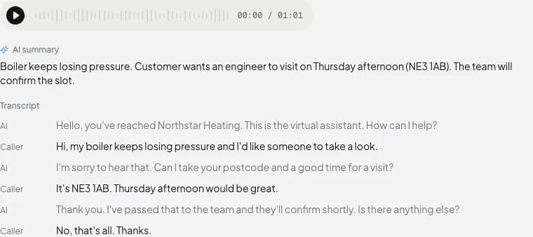 An expanded sample call with its recording waveform, AI summary and transcript